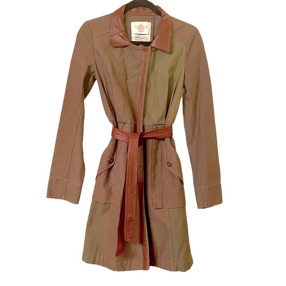Upcycled Khaki Green Trench coat with upcycled Brown Leather Accents - Picture 1 of 10